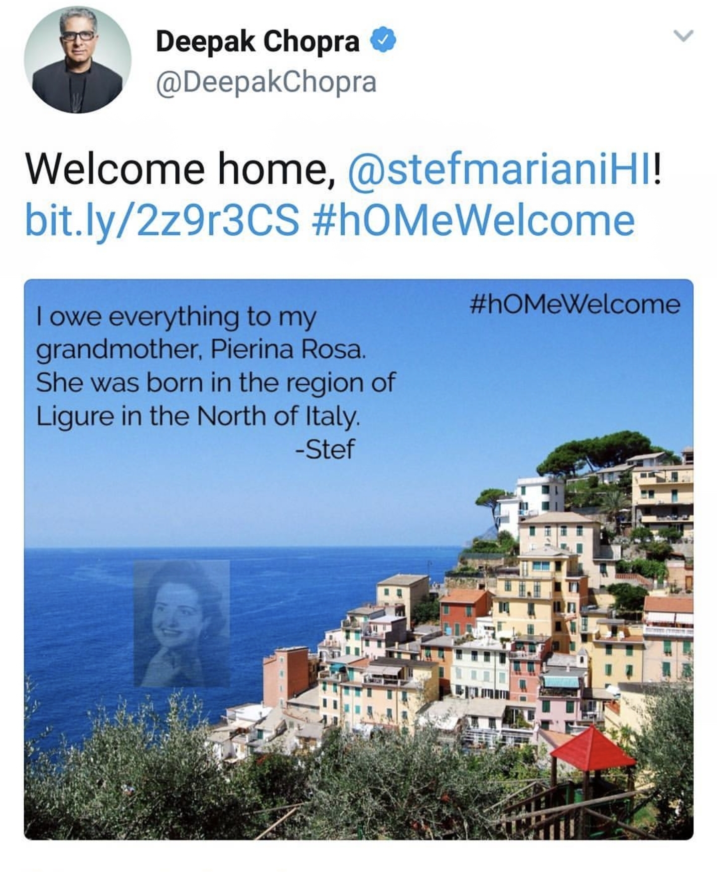 Deepak Chopra welcoming Stef Mariani home on Twitter