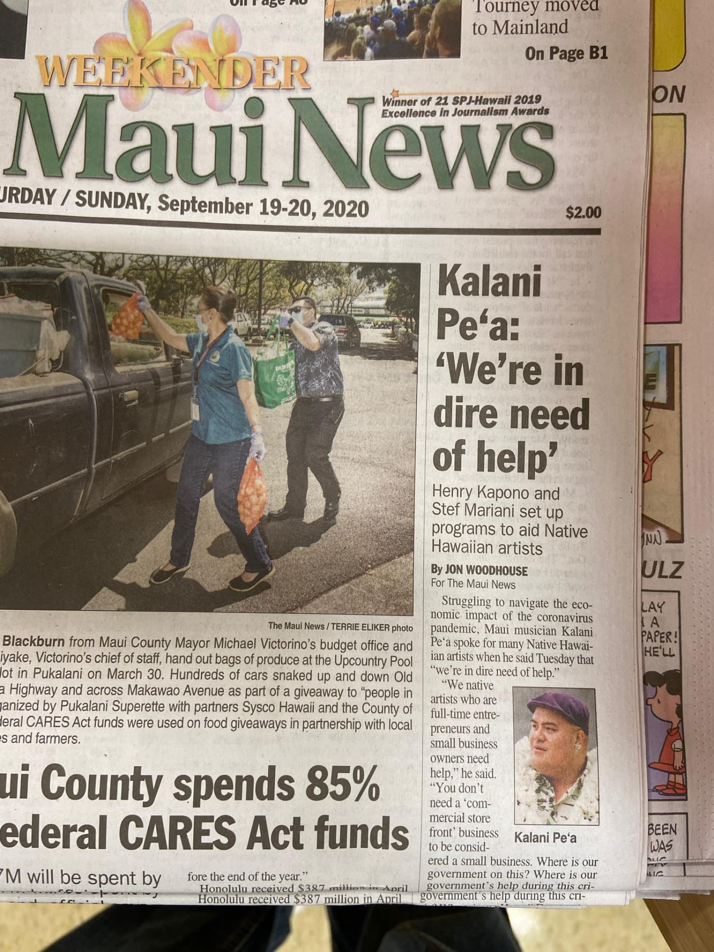 Maui News front page featuring Stef Mariani's artist relief programs